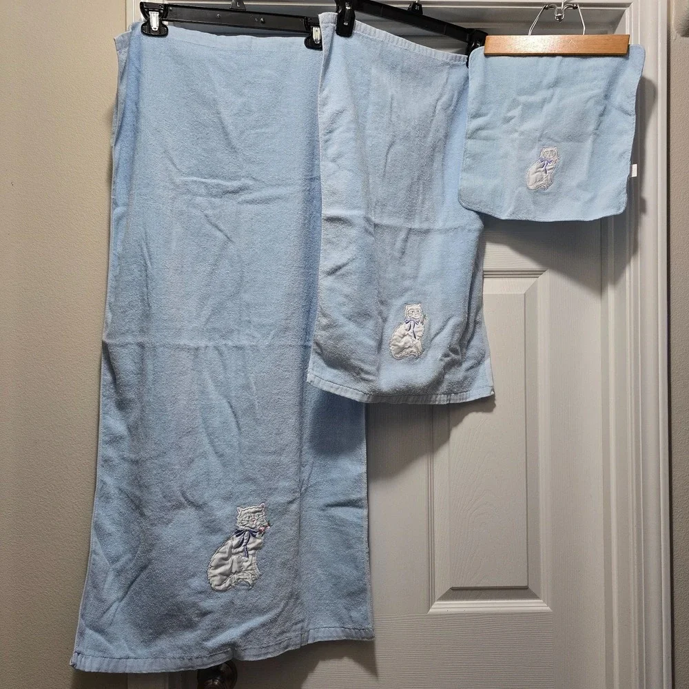 VTG Blue Terrycloth Towel Set Cat Kitten Satin Appliqué 3-Piece Royal‎ Pacific